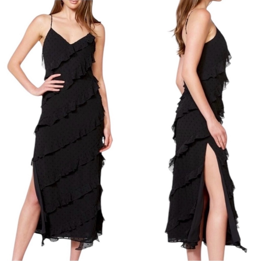 Bardot Deco Swiss Dot Ruffle Midi Dress XS